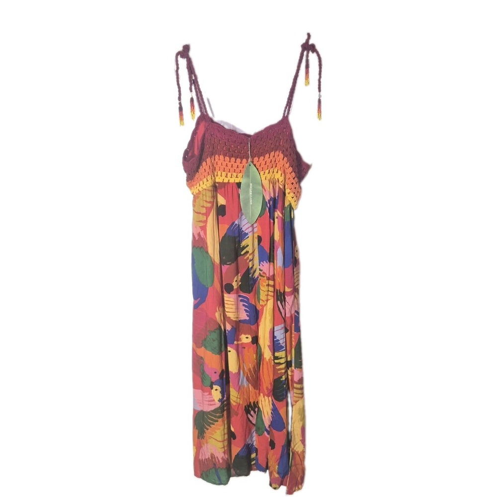 Farm Rio Macaw Party Dress Crochet Top Colorful Parrot Maxi Midi Sun Dress NWT